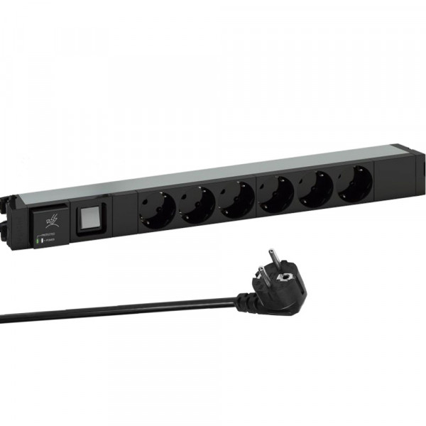 Блок силовых розеток Legrand, универсальн., неуправляемый, Shuko х 6, вход Schuko, для шкафов, шнур 3 м, 1U, 16А, выключатель, фильтр защиты от напряжения, чёрный