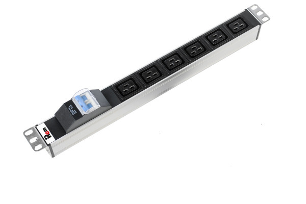 Блок силовых розеток Rem Rem-16, горизонтальный, неуправляемый, IEC 60320 С19 х 6, вход колодка, 45мм 16А, автомат, алюминий, без шнура