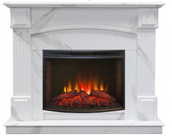 Электрокамин с широким очагом 2D Real-Flame Carolina Marble 25,5/24 WT с очагом Evrika 25,5 LED