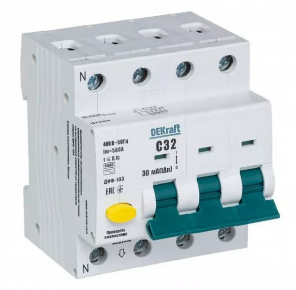 Автоматический выключатель дифференциального тока ДИФ-103 3Р+N 32А 30мА AC (16215DEK)