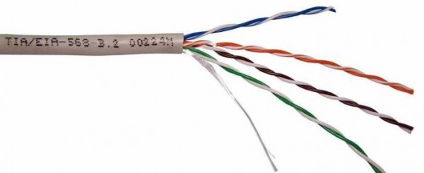 Кабель витая пара TWT XL, U/UTP, 4 пар., кат. 5е, проводник Ø 0,51мм, AWG24, PVC, 100МГц, 1м (бухта 305м), тип прокладки: внутри зданий, цвет: серый