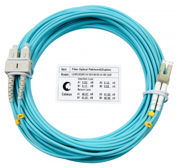Коммутационный шнур оптический Cabeus Tight Buffer, Duplex LC/SC, OM3 50/125, LSZH, Ø 3мм, 10м, цвет: аква, (FOP-50-LC-SC-10m)