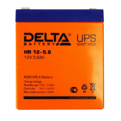 Аккумулятор для ИБП Delta Battery HR, 107х70х90 мм (ВхШхГ),  Необслуживаемый свинцово-кислотный,  12V/5,8 Ач, цвет: оранжевый, (HR 12-5.8)