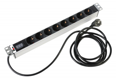 Блок силовых розеток Rem Rem-16, горизонтальный, неуправляемый, Shuko х 8, вход Schuko, шнур 3 м, 45мм 16А, амперметр, алюминий