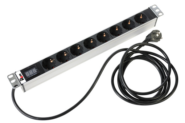 Блок силовых розеток Rem Rem-16, горизонтальный, неуправляемый, Shuko х 8, вход Schuko, шнур 3 м, 45мм 16А, амперметр, алюминий