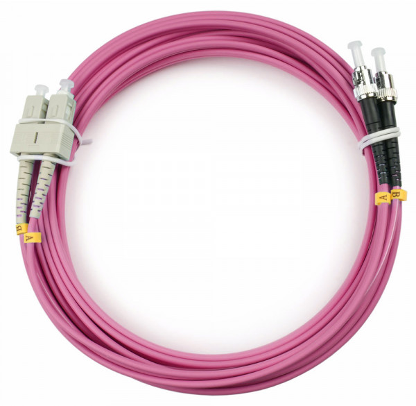 Коммутационный шнур оптический BNH Tight Buffer, Duplex SC/ST (UPC/UPC), OM4 50/125, LSNH, Ø 3мм, 1м, цвет: маджента, (B660.2-SC-ST-OM4-1-LSZH)