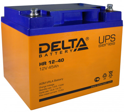 Аккумулятор для ИБП Delta Battery HR, 170х166х198 мм (ВхШхГ),  Необслуживаемый свинцово-кислотный,  12V/45 Ач, цвет: оранжевый, (HR 12-40)