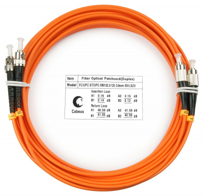 Коммутационный шнур оптический Cabeus Tight Buffer, Duplex FC/ST (UPC/UPC), OM1 62,5/125, LSZH, Ø 3мм, 20м, цвет: оранжевый, (FOP-62-FC-ST-20m)