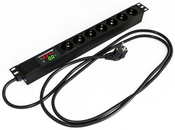 Блок силовых розеток Hyperline SHE19-(X)SH, горизонтальный, неуправляемый, Shuko х 7, вход Schuko, для шкафов, шнур 2,5 м, 1U, 44мм 16А, вольтметр,амперметр, чёрный