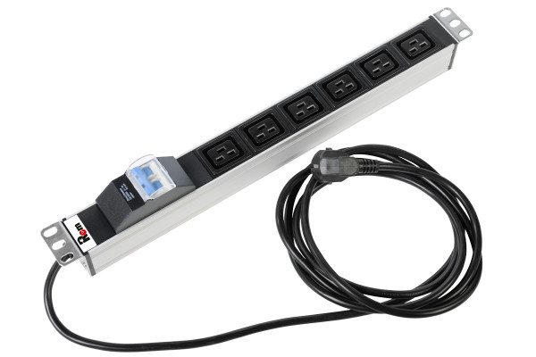 Блок силовых розеток Rem Rem-16, горизонтальный, неуправляемый, IEC 60320 С19 х 6, вход Schuko, шнур 3 м, 45мм 16А, автомат, алюминий