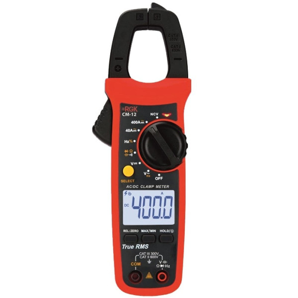 Клещи RGK, (CM-12 + поверка), токоизмерительные, с дисплеем, питание: батарейки, корпус: пластик, измерение тока до 400А, (779685)