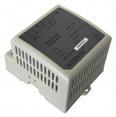 Блок питания AccordTec, пластик, цвет: белый, AT-12/30 DIN для контроля доступа, ОПС, для видео, СКУД, помещения на DIN-рейку, (AT-02358)