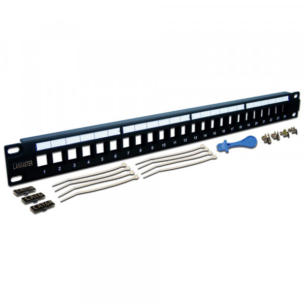 Коммутационная патч-панель наборная Lanmaster, 19", 1HU, портов: 24 х keystone, кат. 5-7A, неэкр., порты в 1 ряд, цвет: чёрный, (LAN-PPL24OK-UTP)