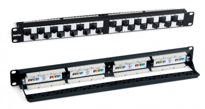 Коммутационная патч-панель Hyperline, 19", 1HU, портов: 24 х RJ45, кат. 5е, универсальная, неэкр., модули углового типа, цвет: чёрный, (PP2A-19-24S-8P8C-C5E-110)
