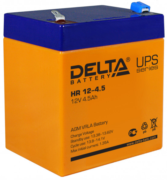 Аккумулятор для ИБП Delta Battery HR, 107х70х90 мм (ВхШхГ),  Необслуживаемый свинцово-кислотный,  12V/4,5 Ач, цвет: оранжевый, (HR 12-4.5)