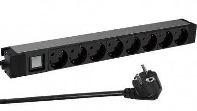 Блок силовых розеток Legrand, универсальн., неуправляемый, Shuko х 8, вход Schuko, для шкафов, шнур 3 м, 1U, 16А, оборудован защитными шторками, с выключателем с индикацией, чёрный