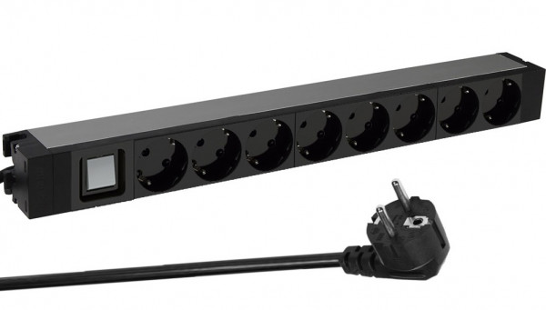 Блок силовых розеток Legrand, универсальн., неуправляемый, Shuko х 8, вход Schuko, для шкафов, шнур 3 м, 1U, 16А, оборудован защитными шторками, с выключателем с индикацией, чёрный