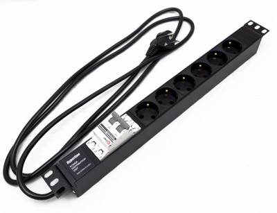 Блок силовых розеток Hyperline SHE19-(X)SH, горизонтальный, неуправляемый, Shuko х 6, вход Schuko, для шкафов, шнур 2,5 м, 1U, 44мм 16А, выключатель, чёрный