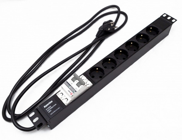 Блок силовых розеток Hyperline SHE19-(X)SH, горизонтальный, неуправляемый, Shuko х 6, вход Schuko, для шкафов, шнур 2,5 м, 1U, 44мм 16А, выключатель, чёрный