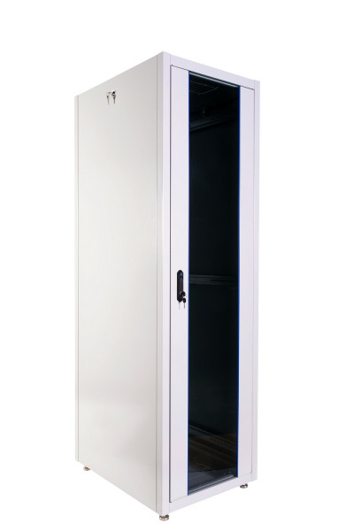 Шкаф телекоммуникационный напольный ЦМО ШТК-Э, IP20, 42U, 1987х800х1000 мм (ВхШхГ), дверь: стекло, задняя дверь: металл, боковая панель: сплошная, разборный, цвет: серый, (ШТК-Э-42.8.10-13АА)
