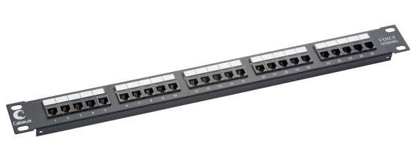 Коммутационная патч-панель телефонная Cabeus, 19", 1HU, портов: 25 х RJ11(6P4C), универсальная, неэкр., порты в 1 ряд, цвет: чёрный, (PL-25-TEL-Toolless)