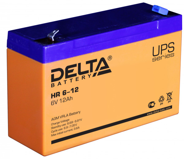 Аккумулятор для ИБП Delta Battery HR, 100х50х151 мм (ВхШхГ),  Необслуживаемый свинцово-кислотный,  6V/12 Ач, цвет: оранжевый, (HR 6-12)