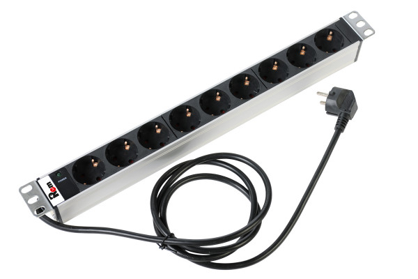 Блок силовых розеток Rem Rem-16, горизонтальный, неуправляемый, Shuko х 9, вход Schuko, шнур 1,8 м, 45мм 16А, индикатор, алюминий