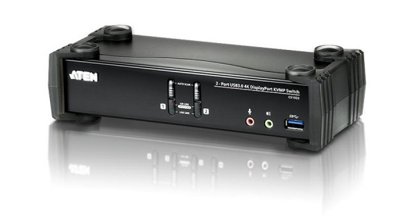 Переключатель KVM Aten, портов: 2, 55,5х88х210 мм (ВхШхГ), USB, со встроенным концентратором (MST), цвет: чёрный