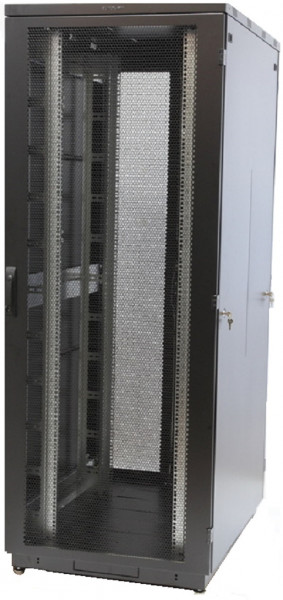 Шкаф серверный напольный Eurolan S3000, IP20, 42U, 2030х600х800 мм (ВхШхГ), дверь: перфорация, задняя дверь: перфорация, боковая панель: сплошная, разборный, цвет: чёрный, (60F-42-68-34BL)