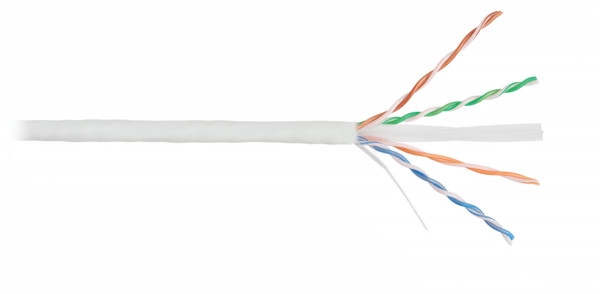 Кабель витая пара Nikolan, U/UTP, 4 пар., кат. 6, AWG23, LSZH, 250МГц, 1м (барабан 305м), тип прокладки: внутри зданий, цвет: белый