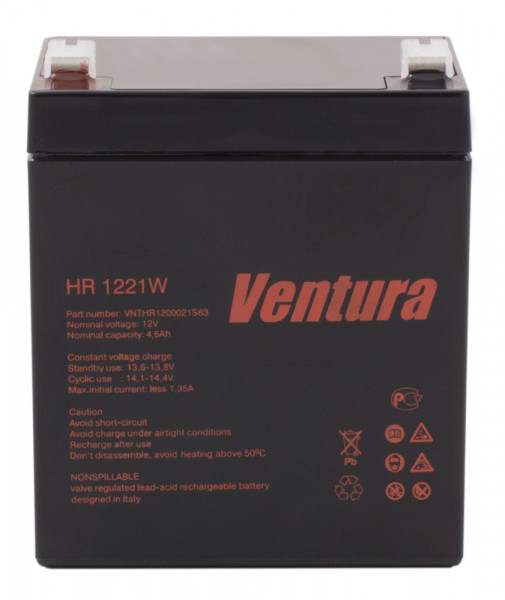 Аккумулятор для ИБП Ventura HR, 107х70х90 мм (ВхШхГ),  Необслуживаемый свинцово-кислотный,  12V/4,5 Ач, цвет: чёрный, (HR 1221W)
