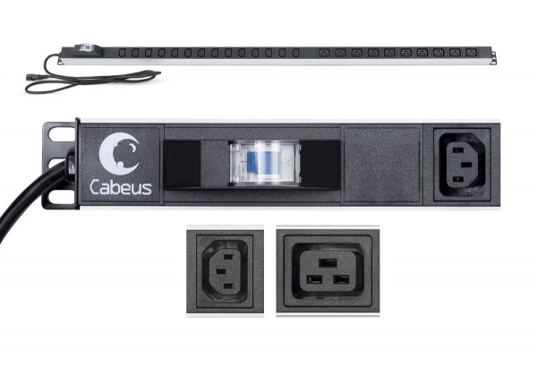 Блок силовых розеток Cabeus, вертикальный, неуправляемый, IEC 60320 С13 х 14, IEC 60320 С19 х 10, вход IEC 60320 C14, 19", шнур 2 м, 1U, 45х45 мм (ВхГ), 16А, автомат, чёрный