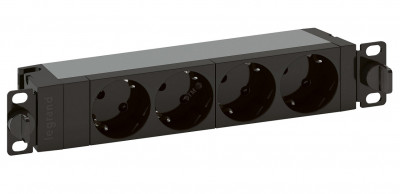 Блок силовых розеток Legrand, горизонтальный, неуправляемый, Shuko х 4, вход Schuko, для шкафов, шнур 1 м, 1U, 16А, оборудован защитными шторками, чёрный