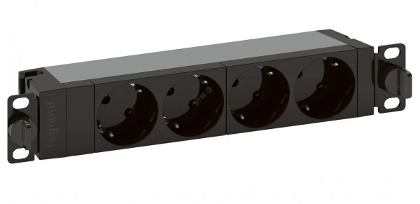 Блок силовых розеток Legrand, горизонтальный, неуправляемый, Shuko х 4, вход Schuko, для шкафов, шнур 1 м, 1U, 16А, оборудован защитными шторками, чёрный