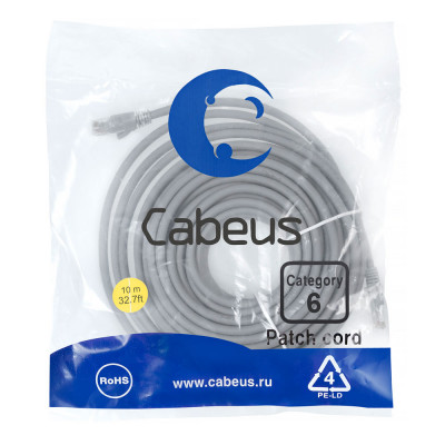 Шнур коммутационный Cabeus, кат. 6, неэкр., U/UTP, RJ45/RJ45, d 6,2 10м, LSZH, серый, (PC-UTP-RJ45-Cat.6-10m-LSZH)