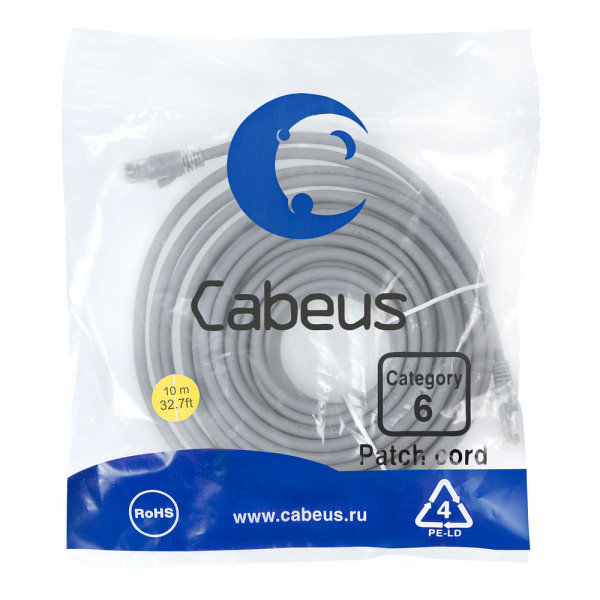Шнур коммутационный Cabeus, кат. 6, неэкр., U/UTP, RJ45/RJ45, d 6,2 10м, LSZH, серый, (PC-UTP-RJ45-Cat.6-10m-LSZH)