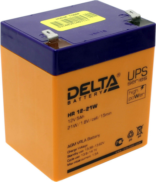 Аккумулятор для ИБП Delta Battery HR-W, 107х70х90 мм (ВхШхГ),  Необслуживаемый свинцово-кислотный,  12V/5 Ач, цвет: оранжевый, (HR 12-21W)