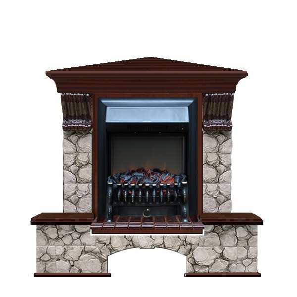 Элегантный каменный электрокамин с эффектом живого огня Glenrich Бостон К угловой (Fobos BL,BR) камень-Карелия/цвет-Красное дерево