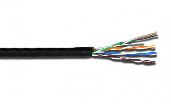 Кабель витая пара Lanmaster, U/UTP, 4 пар., кат. 5е, проводник Ø 0,51мм, AWG24, PE, 100МГц, 1м (коробка 305м), тип прокладки: снаружи зданий, цвет: чёрный