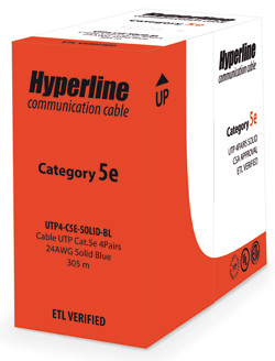 Кабель витая пара Hyperline, U/UTP, 4 пар., кат. 5е, проводник Ø 0,51мм, AWG24, PVC, 100МГц, 1м (бухта 305м), тип прокладки: внутри зданий, цвет: белый