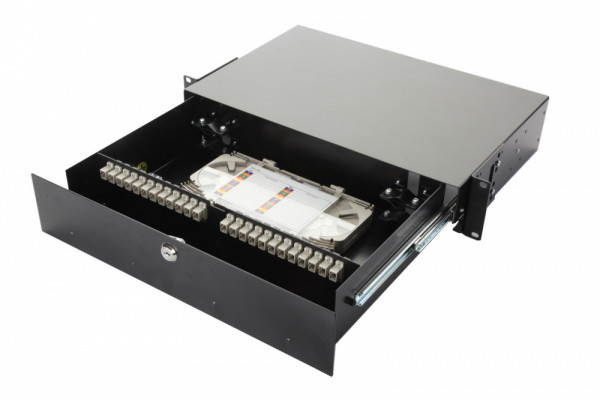 Коммутационная панель ВО Eurolan 47F-48, 2HU, портов: 48 SC (SM) OM2, установлено адаптеров: 6 выдвижная, цвет: чёрный, цвет адаптеров: серый, адаптеры, сплайс-кассеты