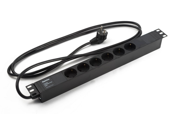 Блок силовых розеток Hyperline SHE19-(X)SH, горизонтальный, неуправляемый, Shuko х 6, для шкафов, шнур 2,5 м, 1U, 44мм 16А, серый