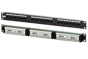 Коммутационная патч-панель Hyperline, 19", 0,5HU, портов: 24 х RJ45, кат. 5е, универсальная, неэкр., цвет: чёрный, (PPHD-19-24-8P8C-C5E-110D)