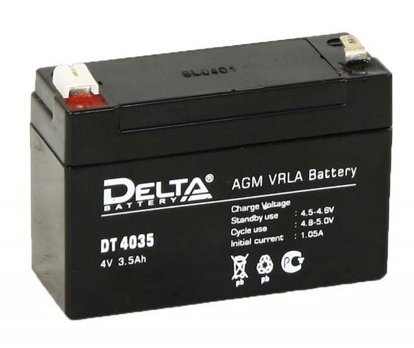 Аккумулятор для ИБП Delta Battery DT, 66х34х90 мм (ВхШхГ),  Необслуживаемый свинцово-кислотный,  4V/3,5 Ач, цвет: чёрный, (DT 4035)