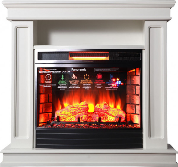Электрокамин с широким очагом 2D InterFlame Стаффорд универсальная полка (белый) с очагом Panoramic 25 LED FX QZ