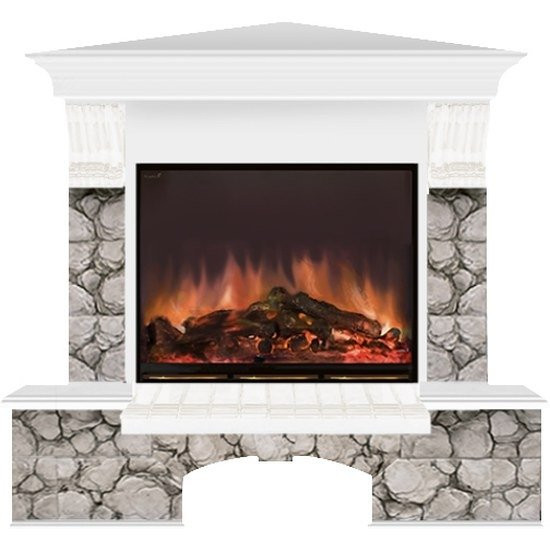 Электрокамин с широким очагом 2D Glenrich Бостон угловой (Arte 23) камень-Карелия/цвет-Белый