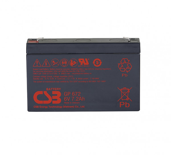 Аккумулятор для ИБП CSB Battery GP, 94,5х34х151 мм (ВхШхГ),  необслуживаемый свинцово-кислотный,  6V/7,2 Ач, (GP 672)
