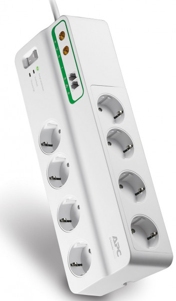 Блок силовых розеток APC, вертикальный, неуправляемый, Shuko х 8, вход Schuko, шнур 3 м, 62х327х110 мм (ВхШхГ), 10А, выключатель, RJ-11, для коаксиал.кабеля, белый