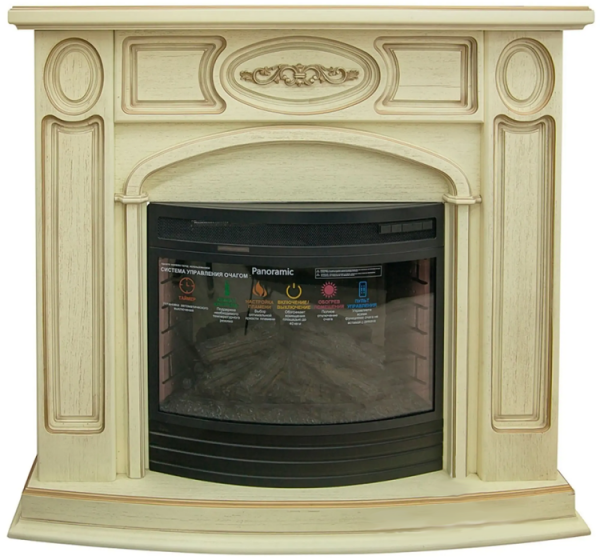 Электрокамин с классическим очагом 3D InterFlame Юнона (бежевый с золотой патиной) с очагом Panoramic 25 LED FX QZ