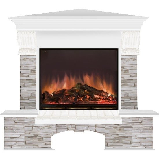 Электрокамин с широким очагом 2D Glenrich Бостон угловой (Arte 23) камень-Мисхор/цвет-Белый